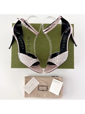 NEW GUCCI  Crystal Embellished GG Ankle Wrap Light Pink High Heel Sandals US 9.5